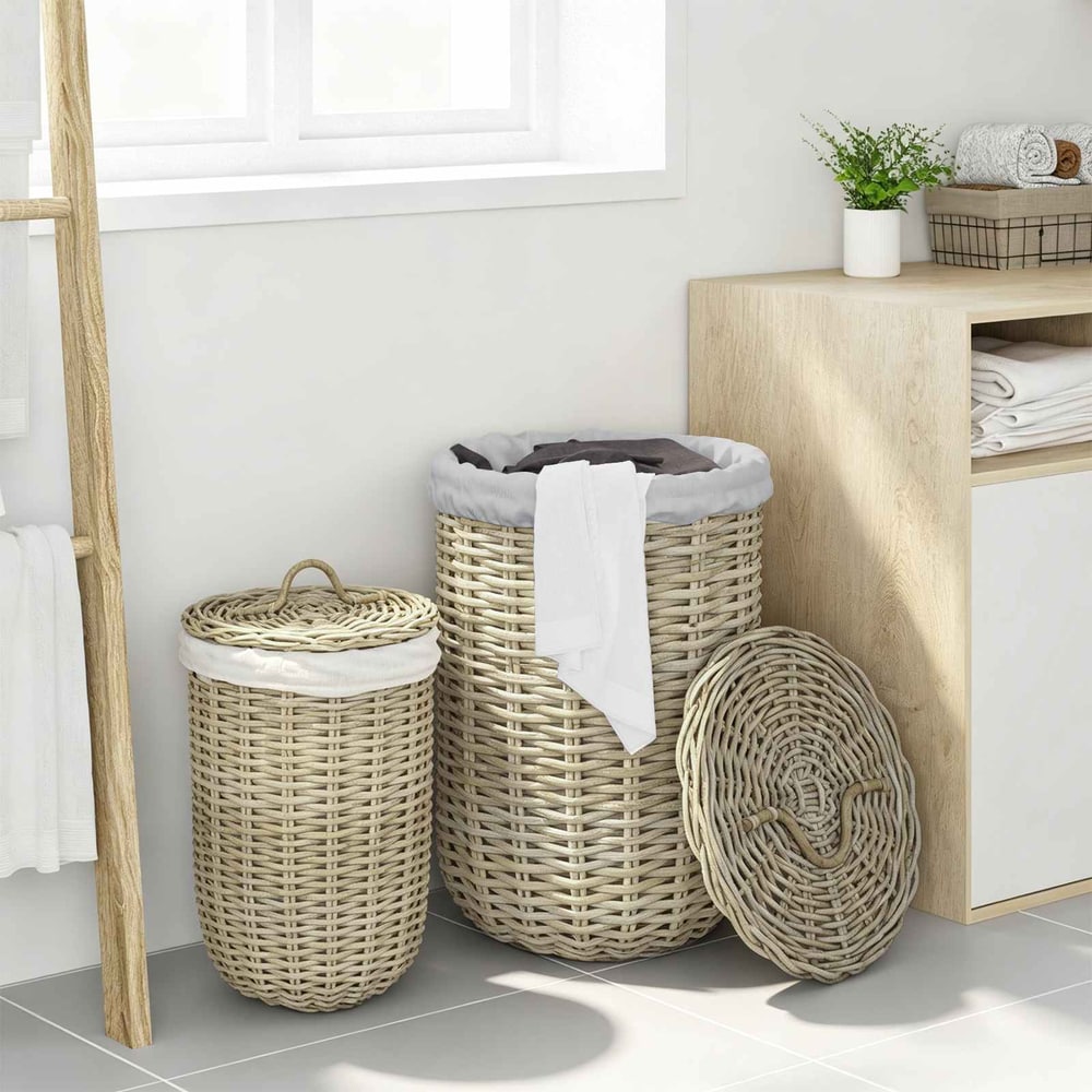 Laundry Basket with Lid GENDT 2 pcs Natural Kubu Rattan Grey