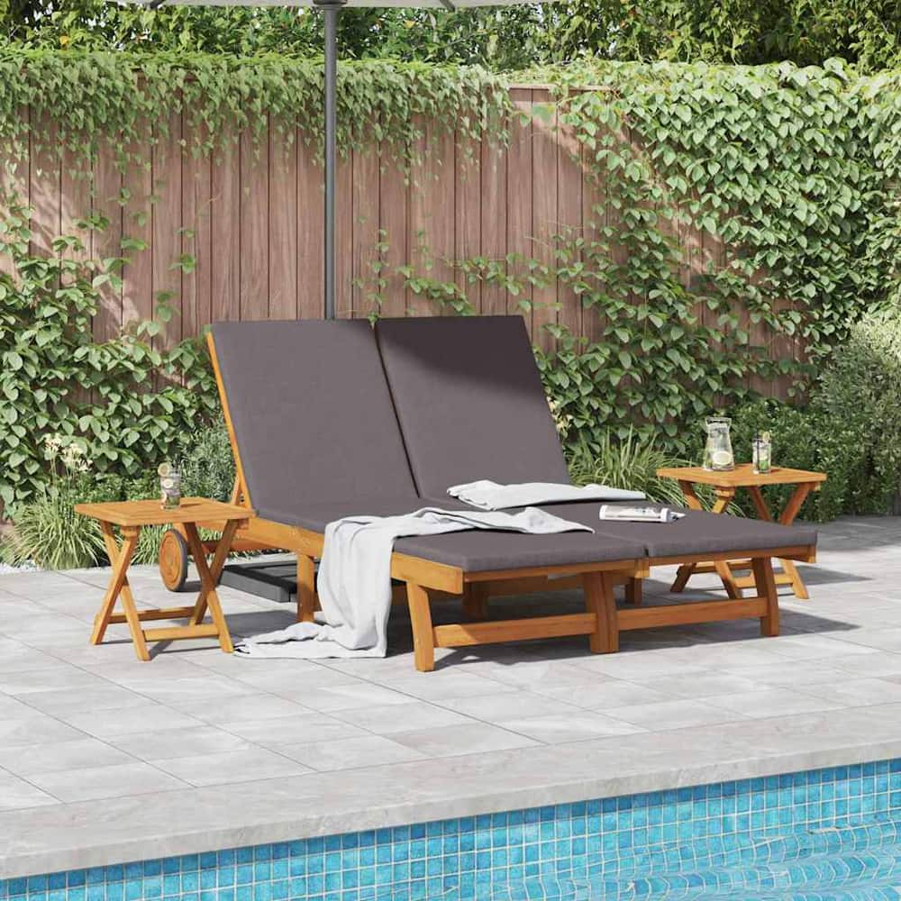 Sun Lounger 2 pcs Solid Acacia Wood Brown Dark Grey 2-Person sun lounger +2x table