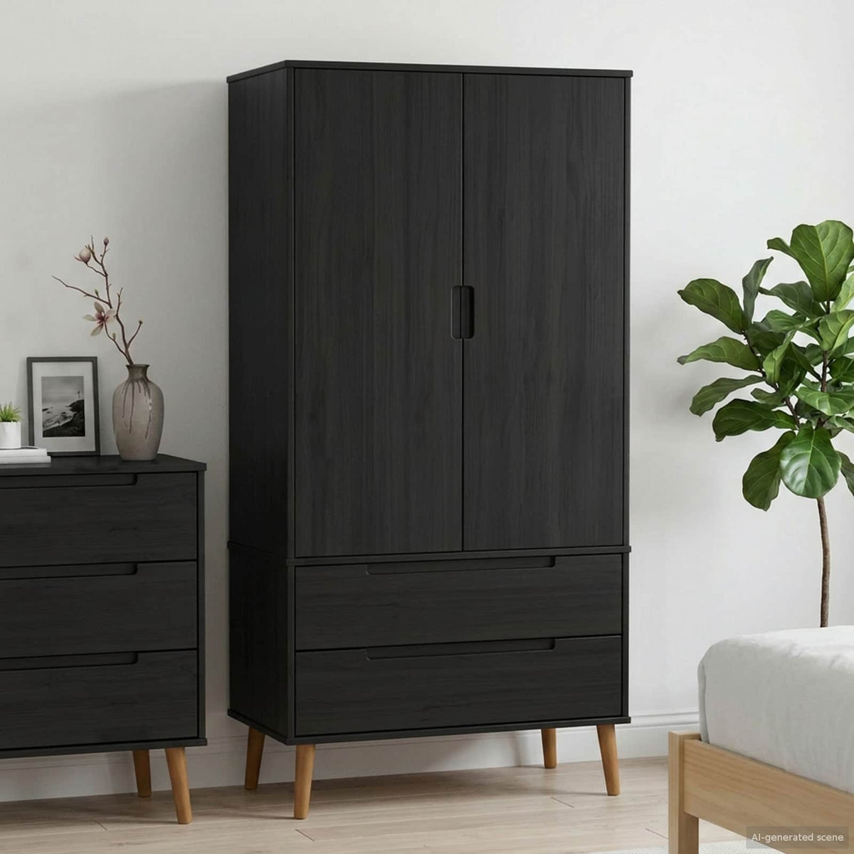 Wardrobe "MOLDE" 90x55x175 cm Solid Wood Pine Black
