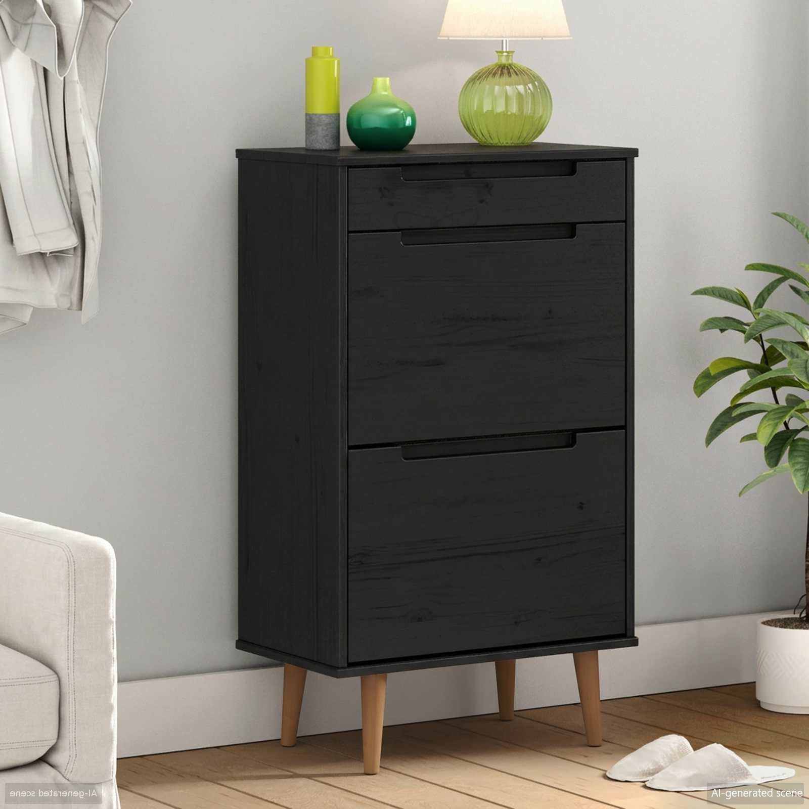 vidaXL Shoe Cabinet MOLDE 59.5 x 35 x 103 cm Solid Pine Wood Black 1