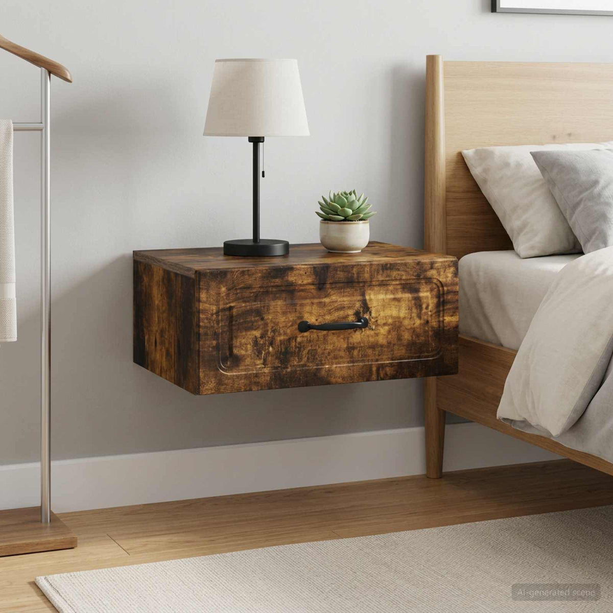 Wall-Mounted Bedside Cabinet in Smoked Oak
