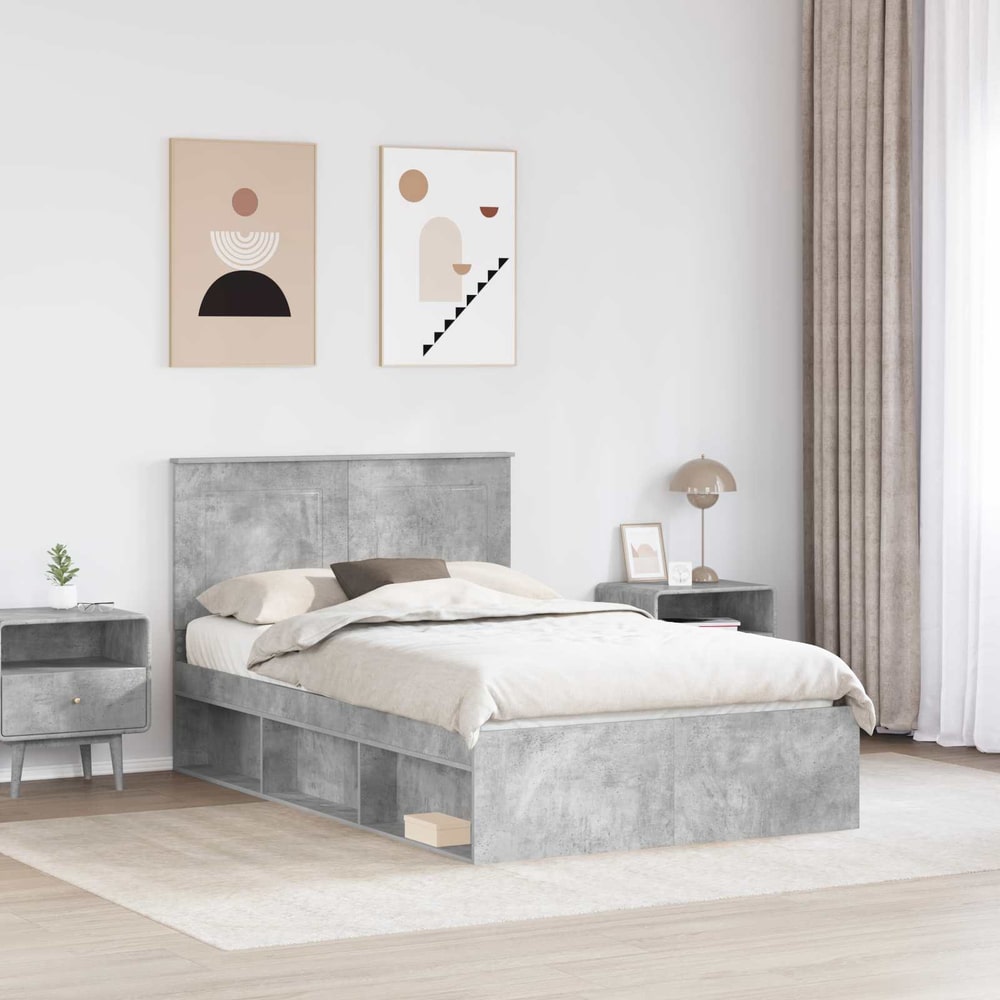 Bed Frame 135 x 190 cm Engineered Wood Concrete grey