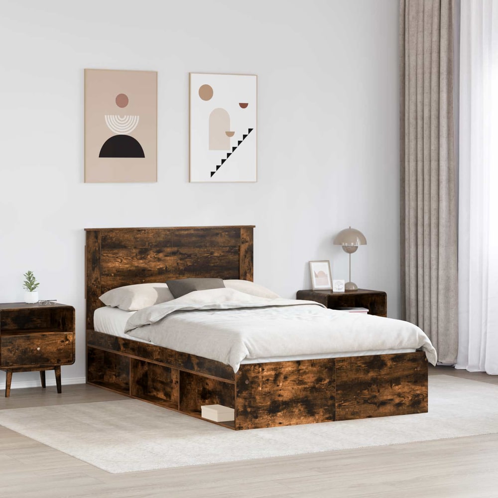Bed Frame 135 x 190 cm Engineered Wood Smoked oak