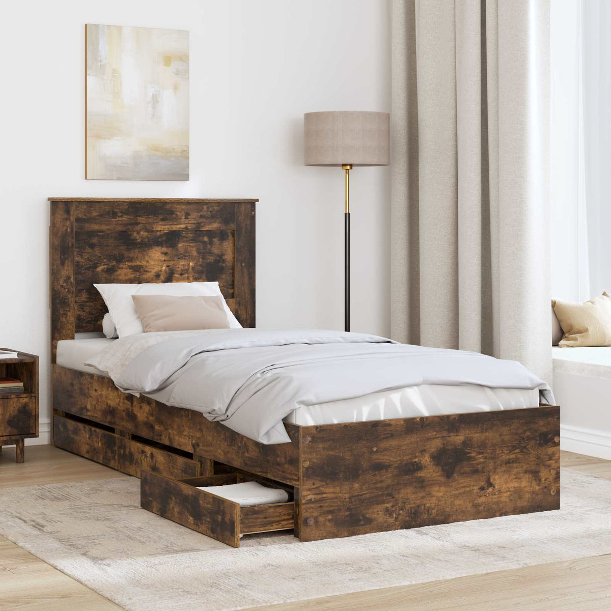 Bed Frame with Drawer Engineer Wood Length 200 cm Smoked oak 100 cm