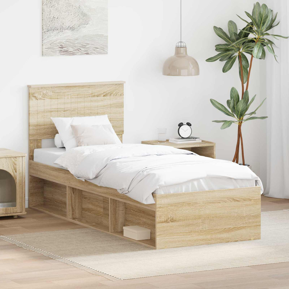 Bed Frame with Headboard 75 x 190 cm Solid Pine Wood Sonoma oak