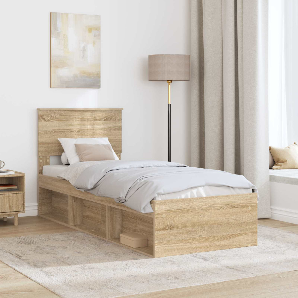 Bed Frame with Headboard 75 x 190 cm Solid Pine Wood Sonoma oak