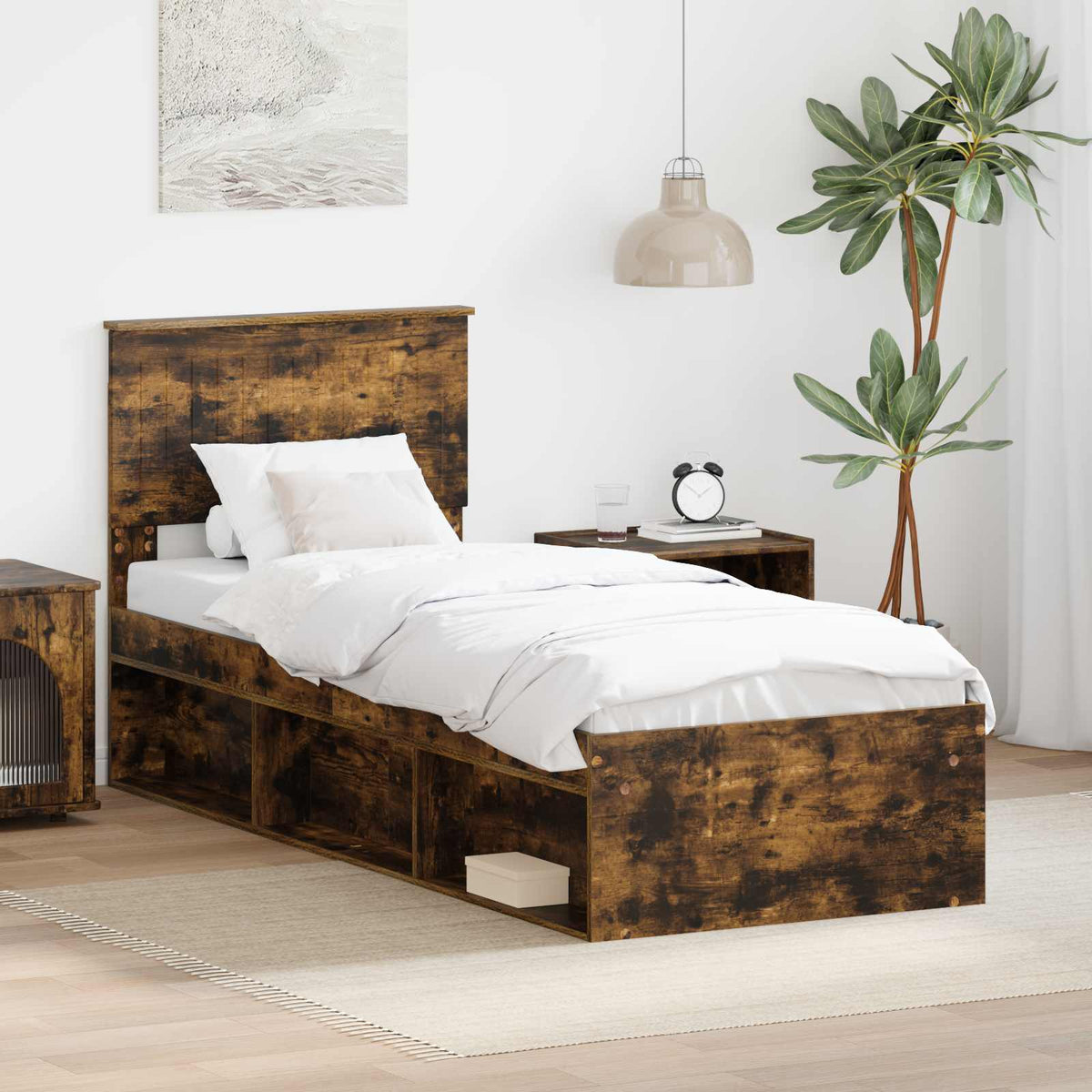 Bed Frame with Headboard 75 x 190 cm Solid Pine Wood Smoked oak