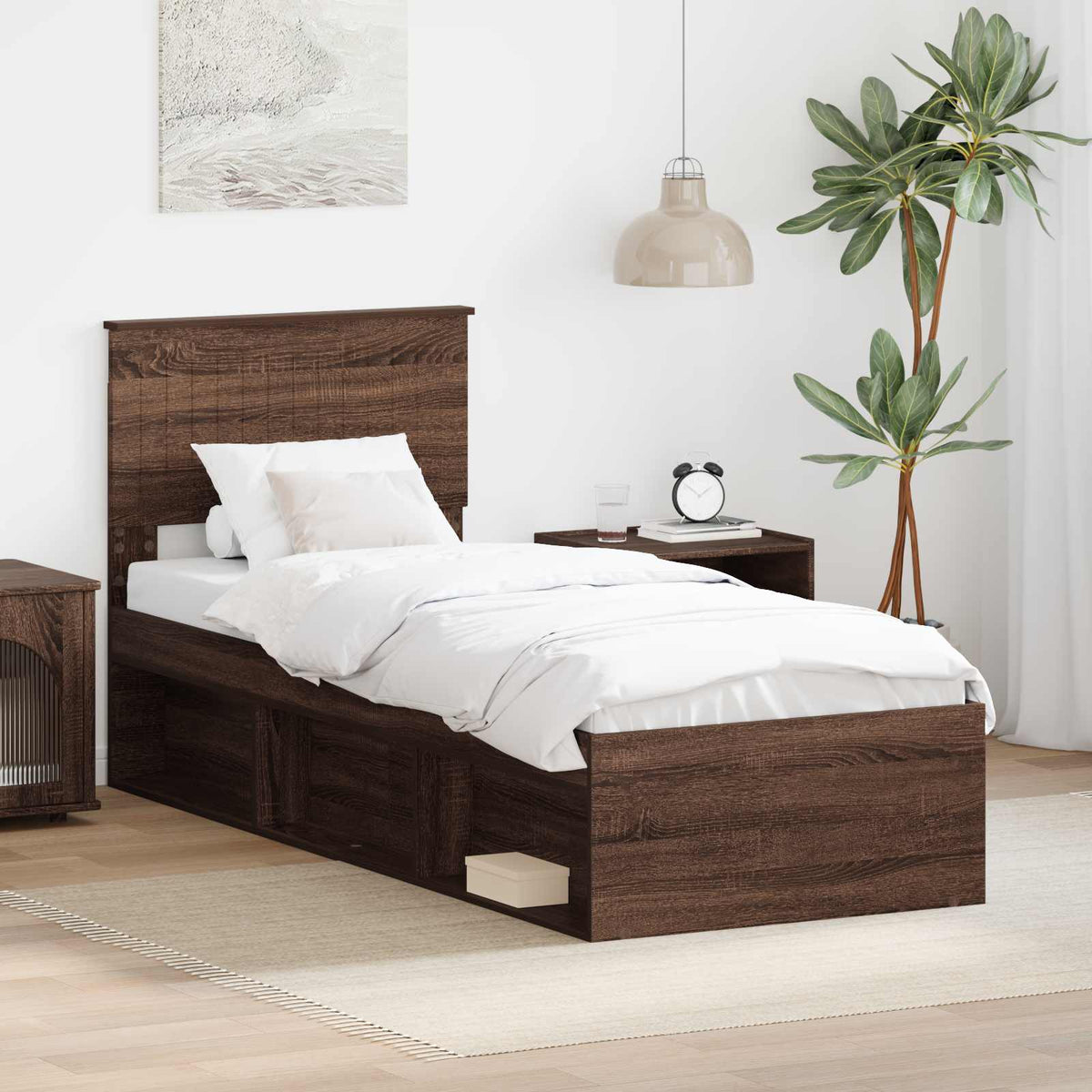 Bed Frame with Headboard 75 x 190 cm Solid Pine Wood Brown oak