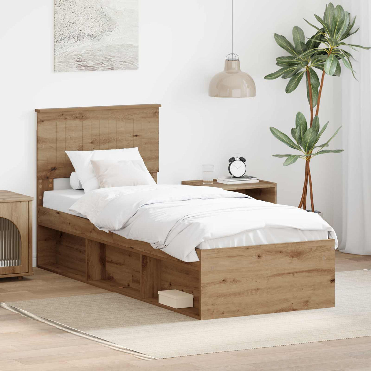 Bed Frame with Headboard 75 x 190 cm Solid Pine Wood Artisan oak
