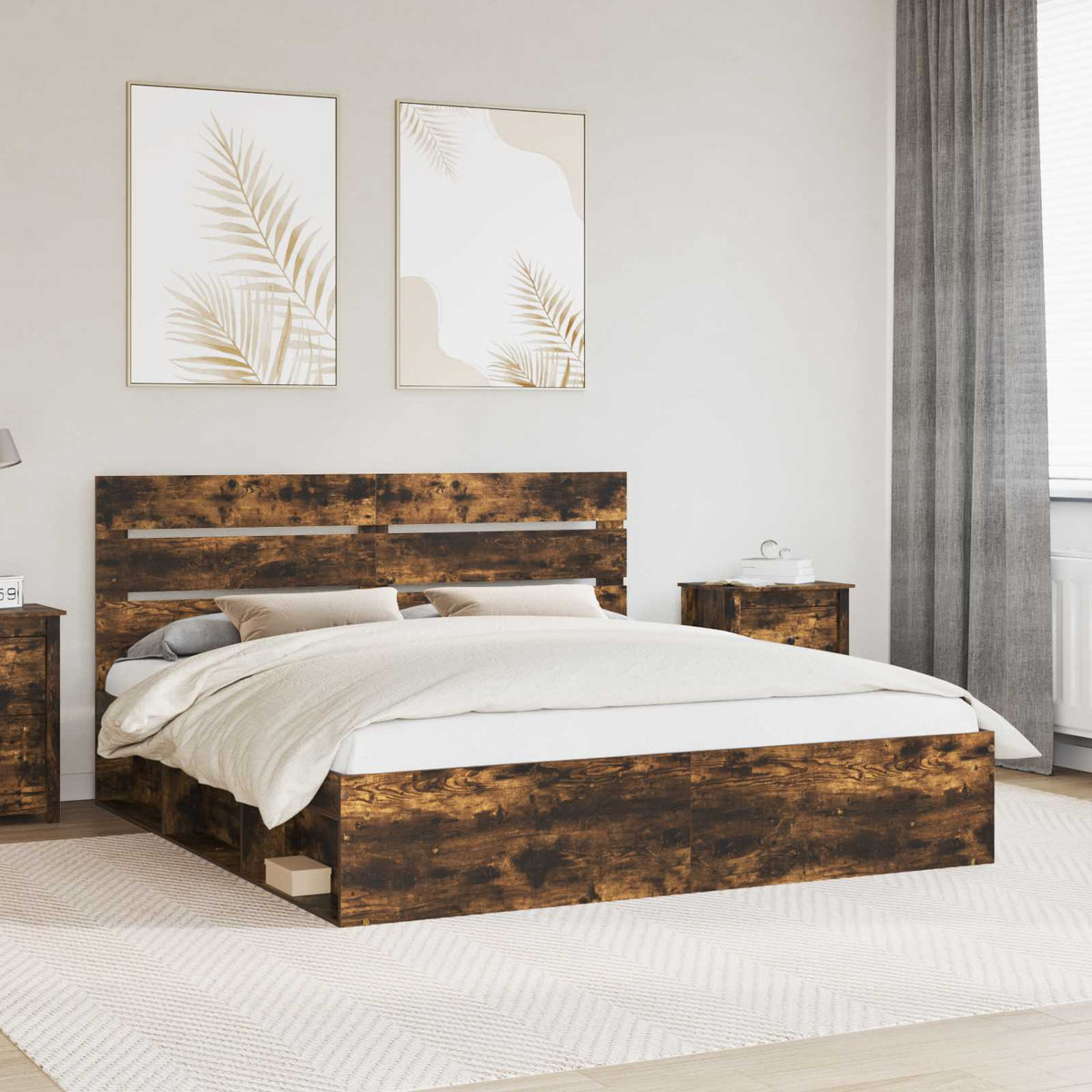 Bed Frame Solid Pine Wood Length Smoked Oak