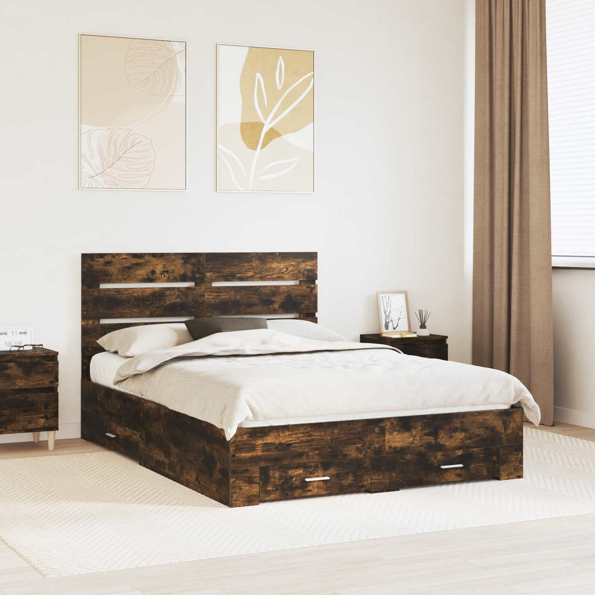 Bed Frame Drawer Engineered Wood Length Smoked Oak