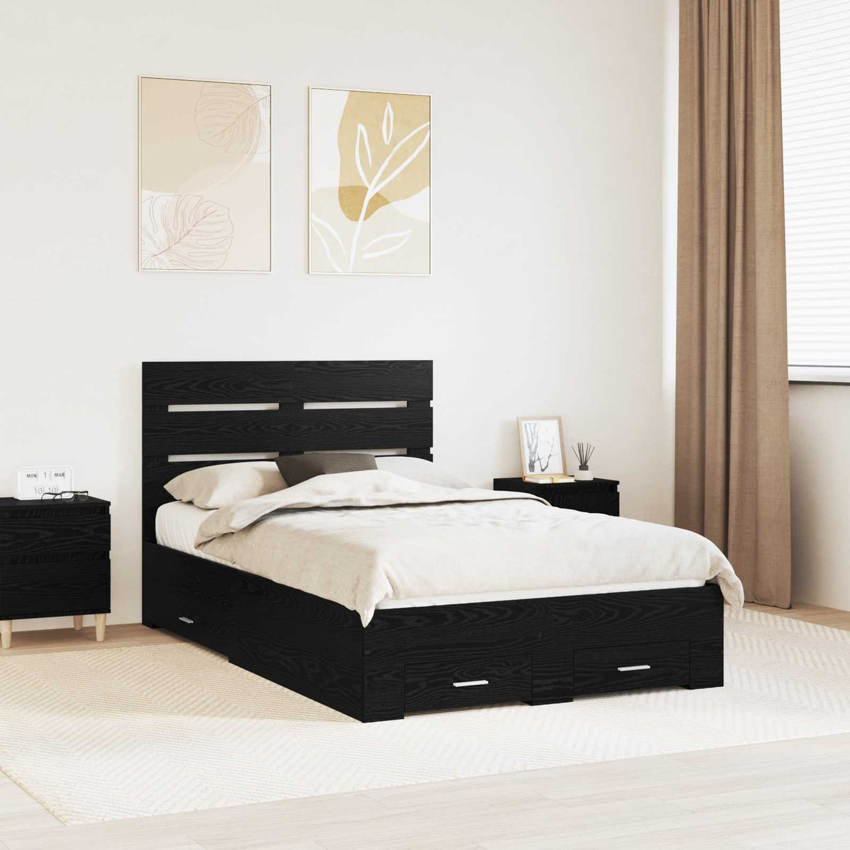 Bed Frame Drawer Engineered Wood Black oak