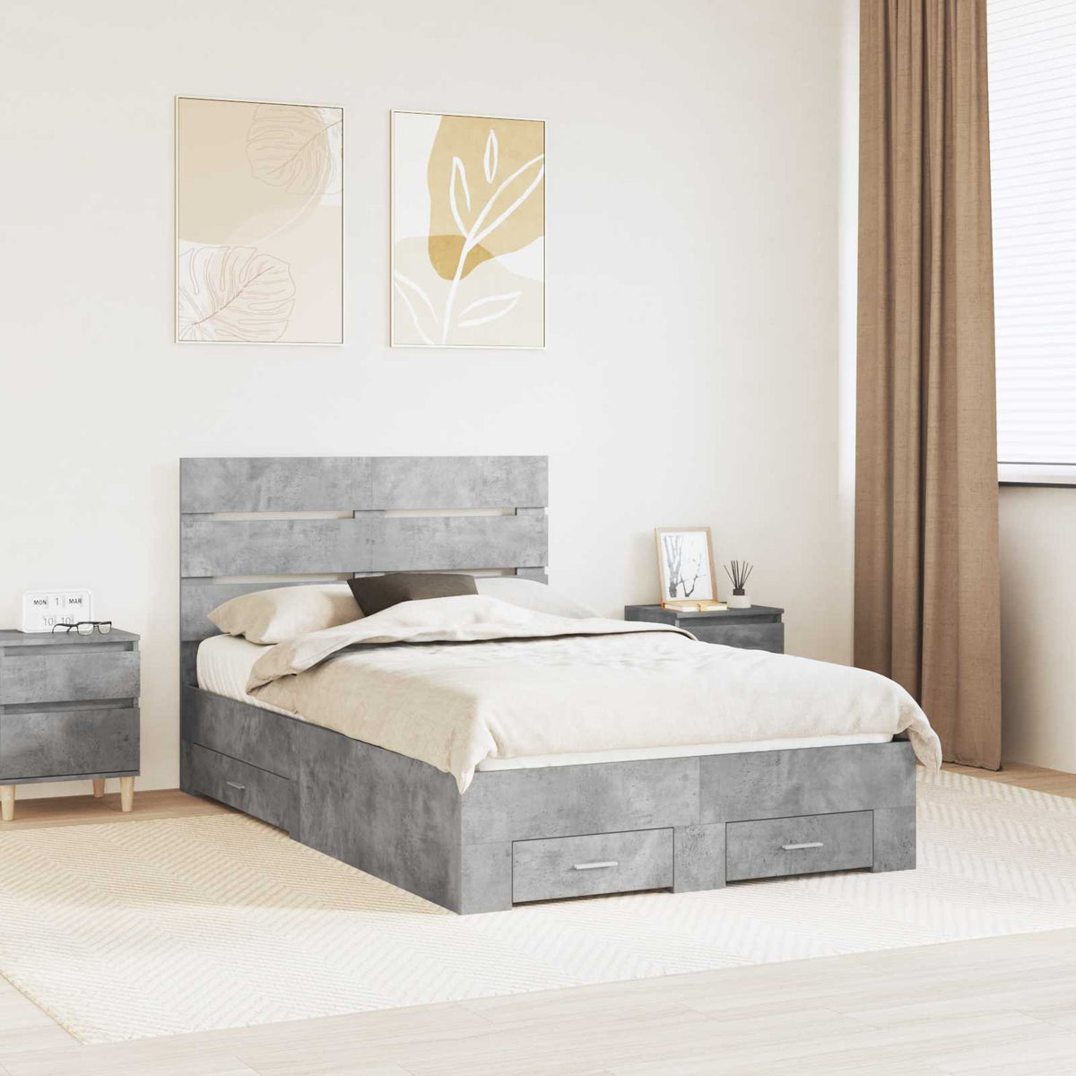 Bed Frame Drawer Engineered Wood Concrete grey