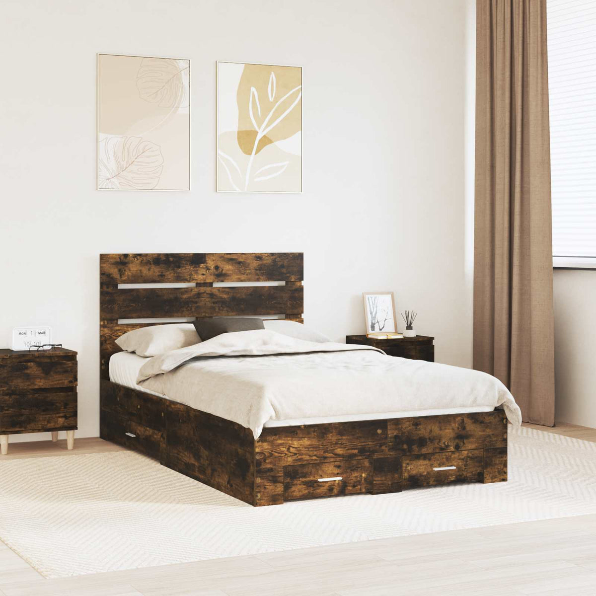 Bed Frame with Drawer Engineered Wood Length 200 cm Smoked Oak 120 cm