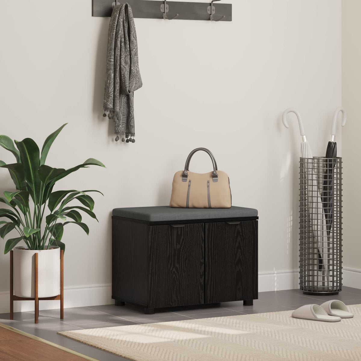 Hall Bench with Cushion with Shelf in Black Oak