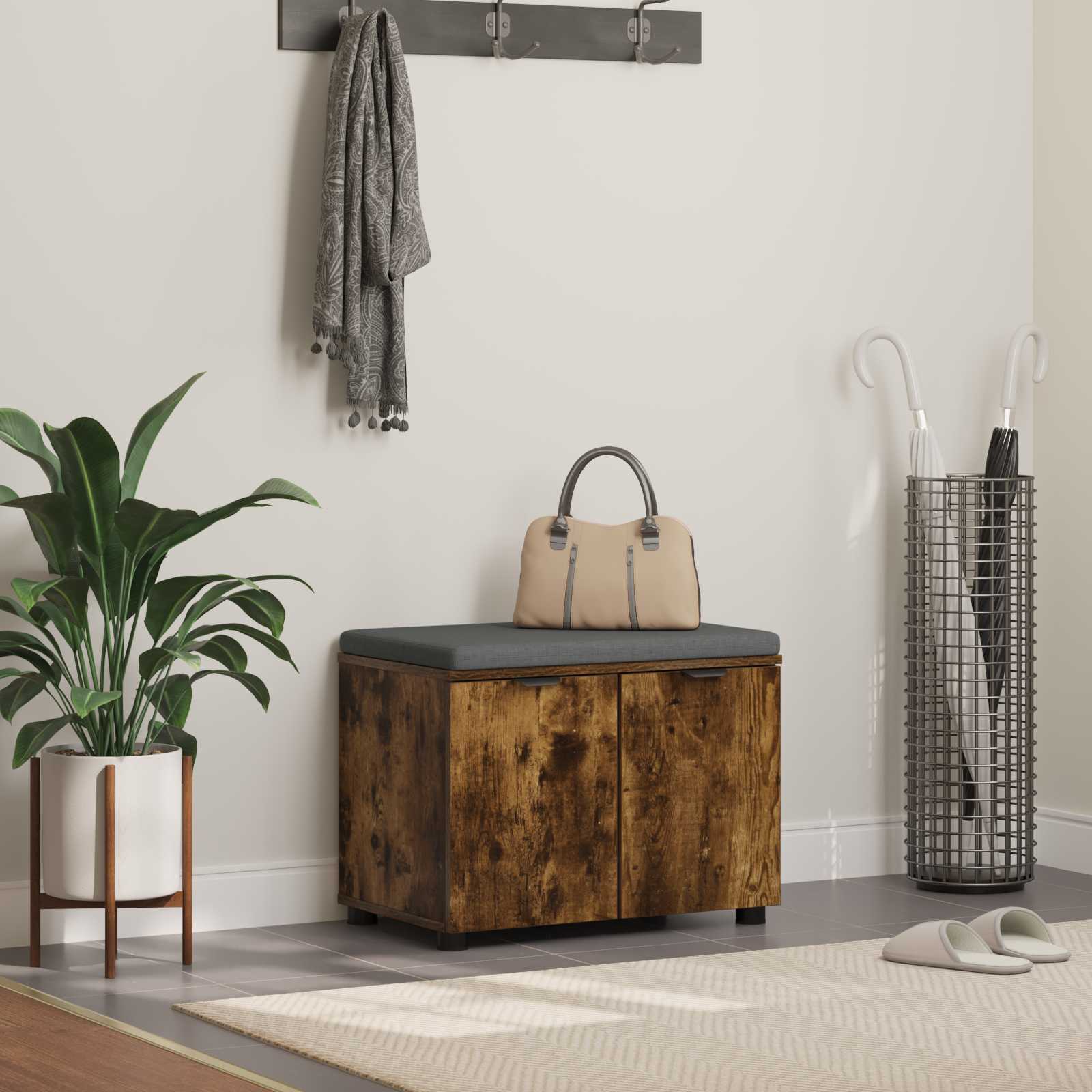 Hall Bench with Cushion with Shelf 60 x 38 x 46 cm Width 60 cm Smoked oak