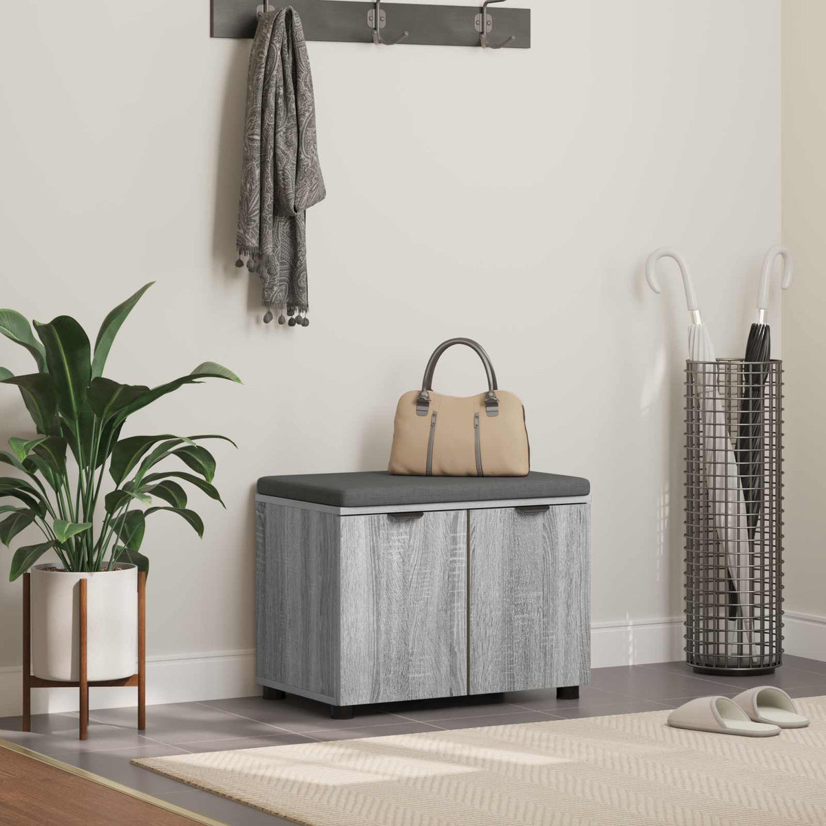 Hall Bench with Cushion with Shelf in Grey Sonoma