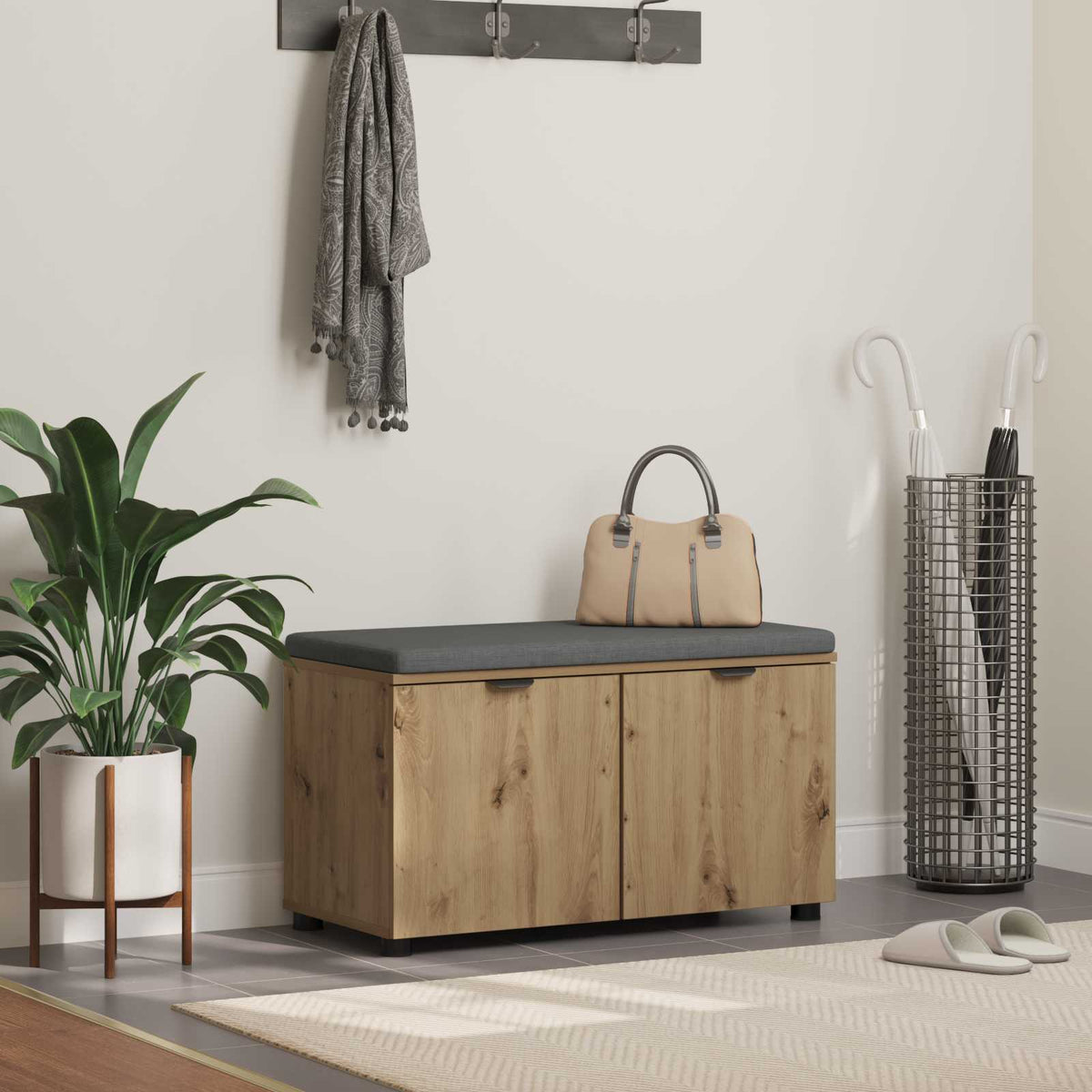 Hall Bench with Cushion with Shelf 80 x 38 x 46 cm Artisan oak