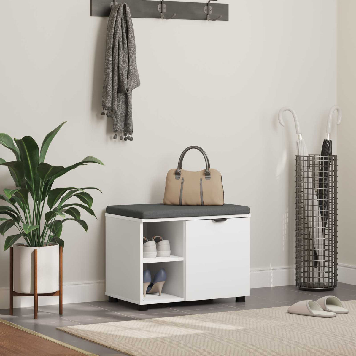 Hall Bench with Cushion with Shelf 60 x 38 x 46 cm White