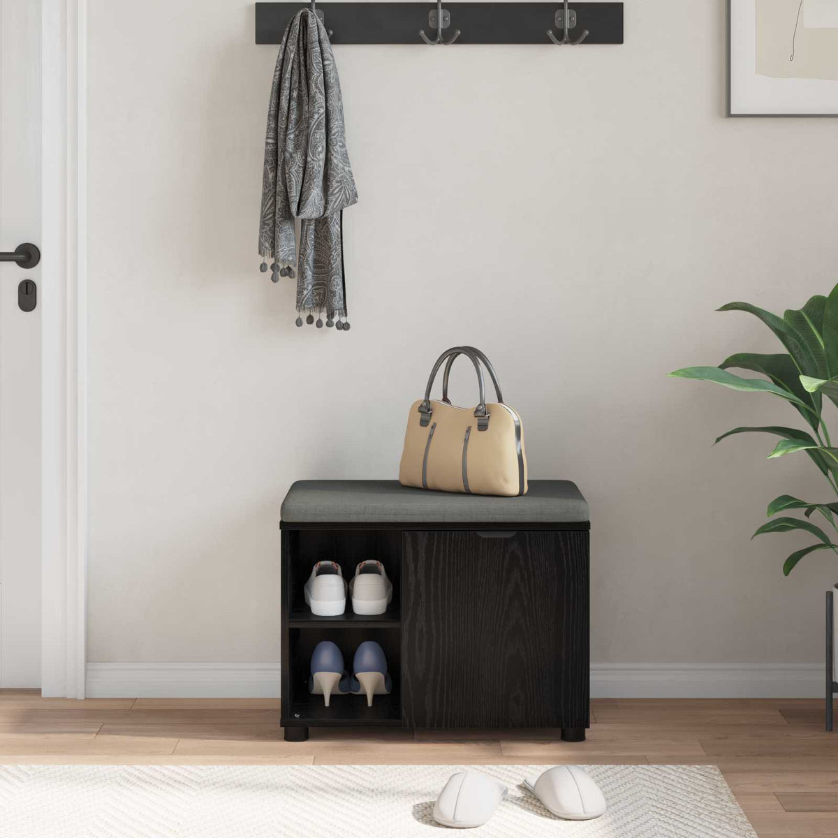 Hall Bench with Cushion with Shelf 60 x 38 x 46 cm Black oak