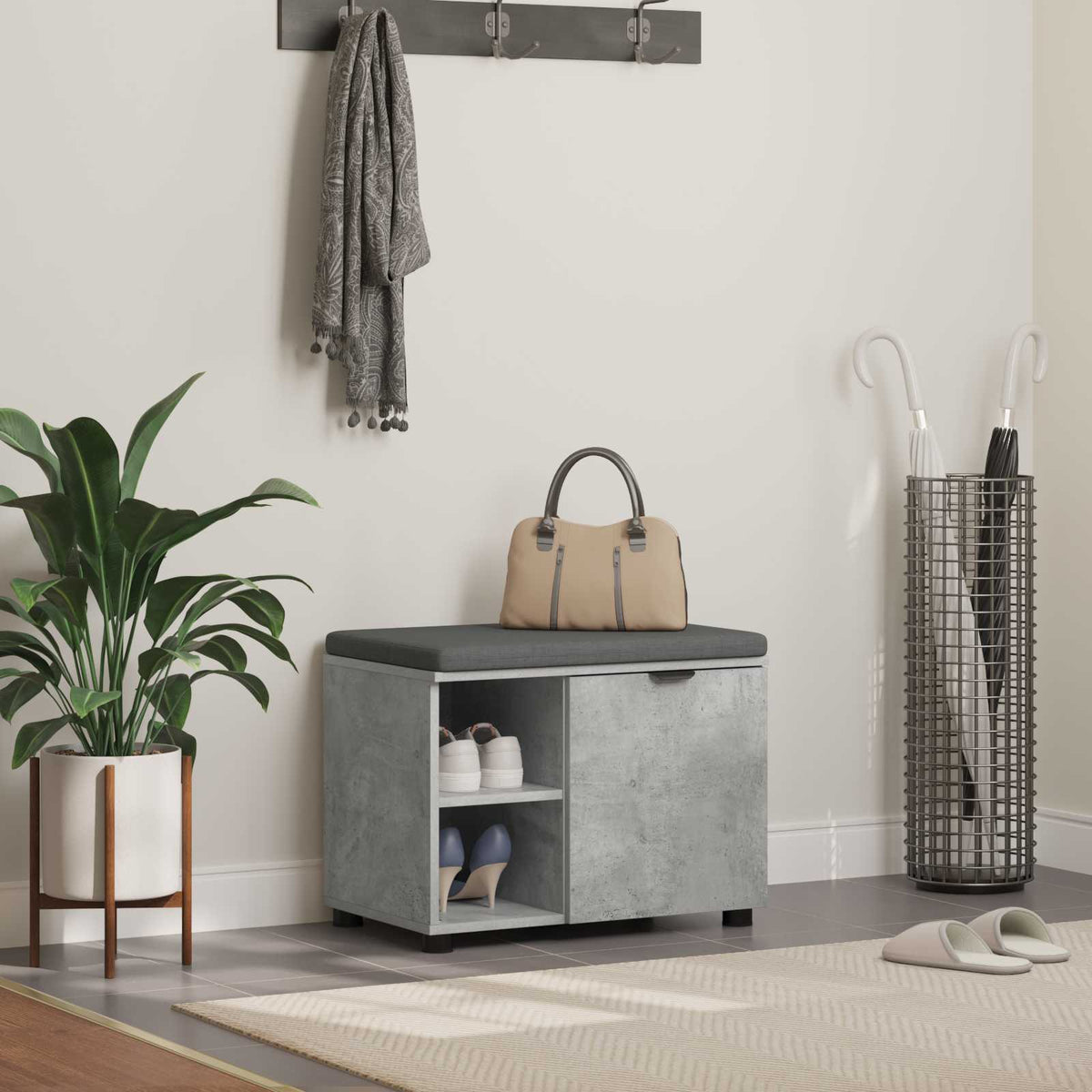 Hall Bench with Cushion with Shelf 60 x 38 x 46 cm Concrete grey