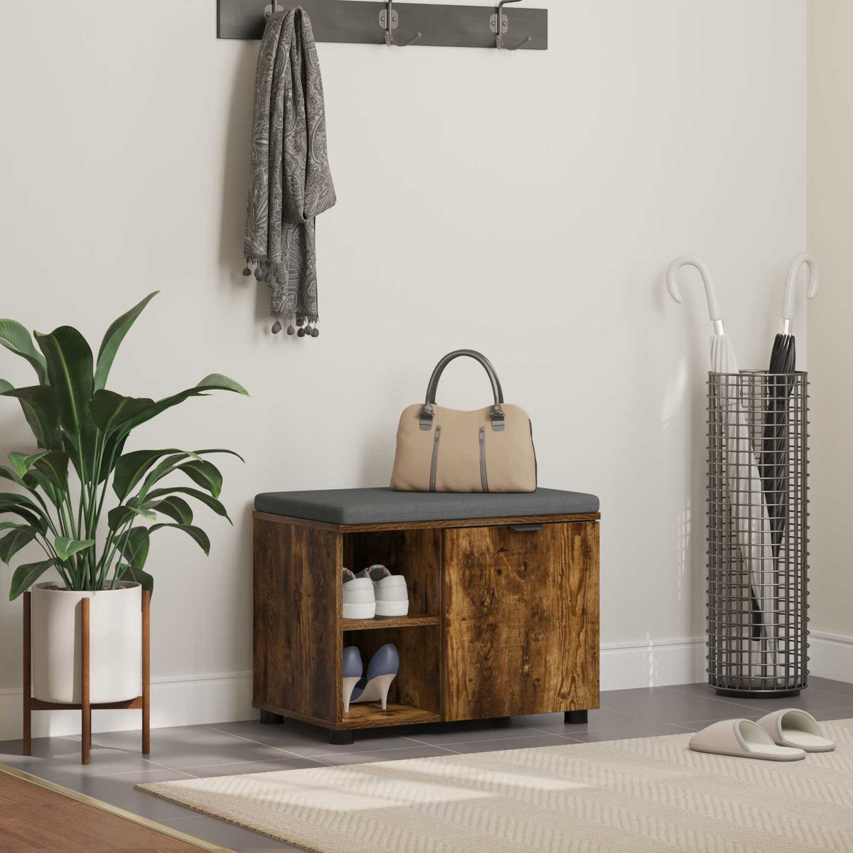 Hall Bench with Cushion with Shelf 60 x 38 x 46 cm Smoked oak