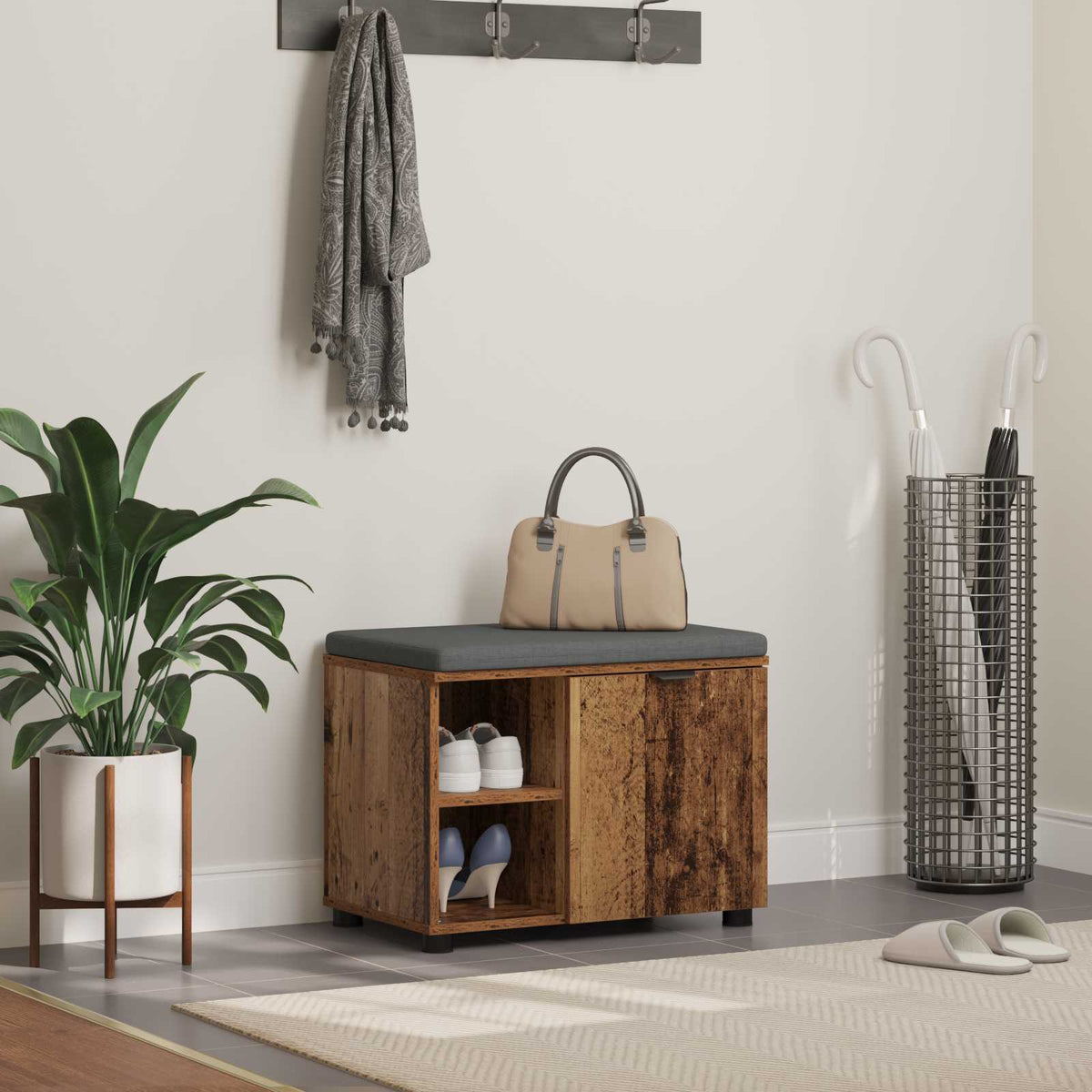 Hall Bench with Cushion with Shelf 60 x 38 x 46 cm Old wood
