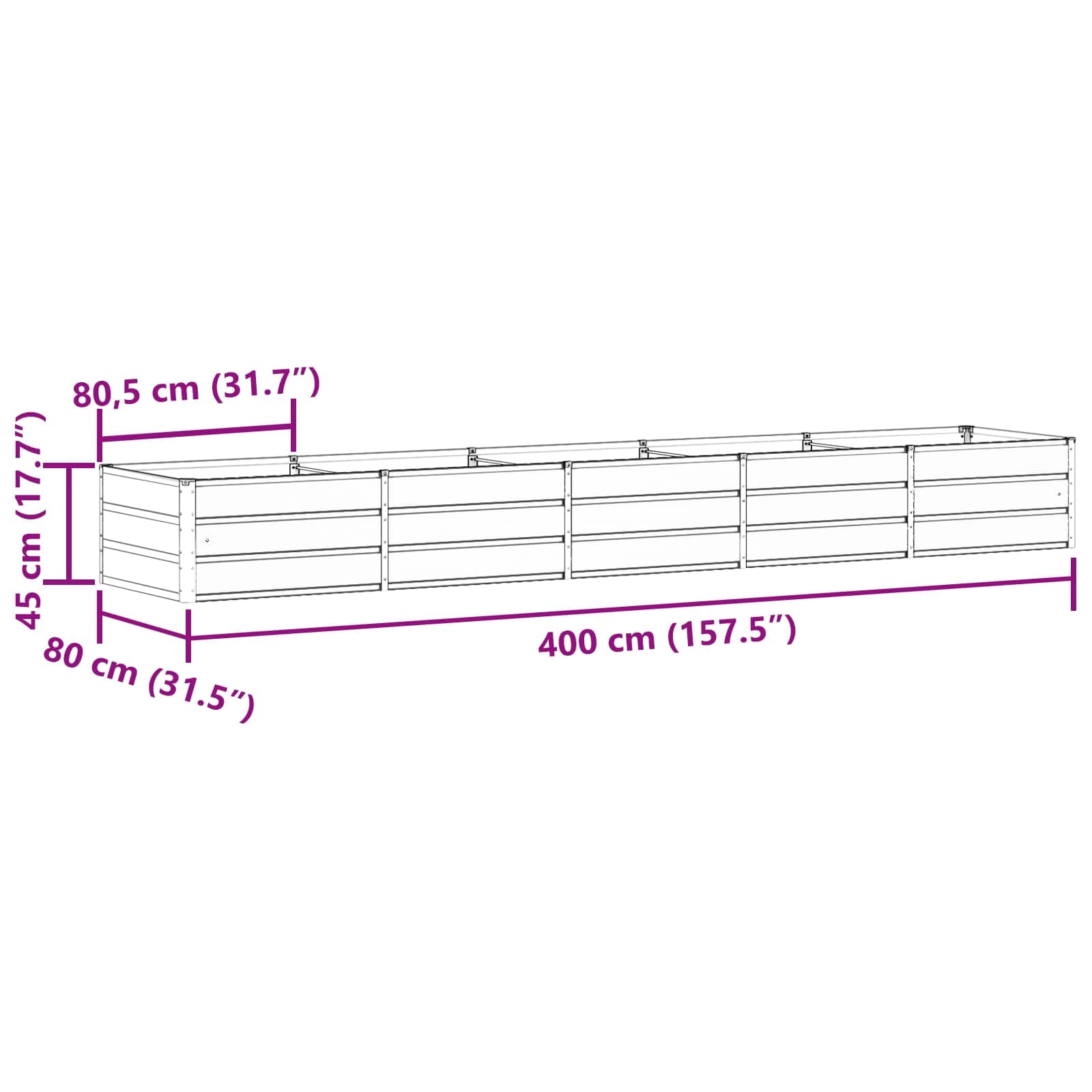 vidaXL Planter Green 400 x 80 x 45 cm Steel 6