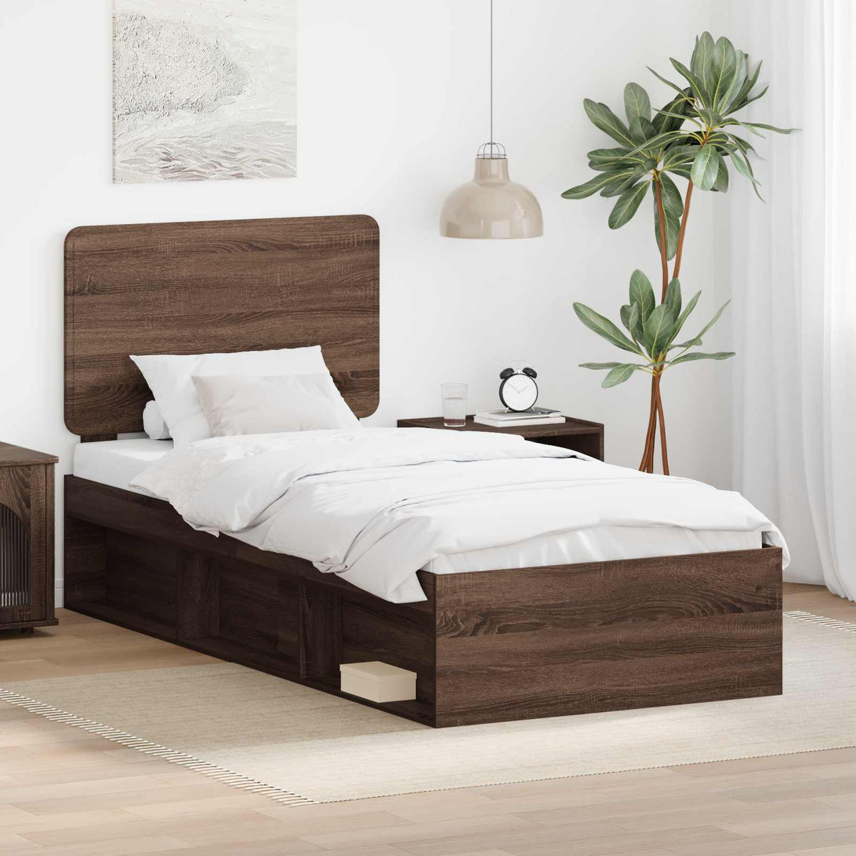 Bed Frame with Headboard 75 x 190 cm Solid Pine Wood Brown oak