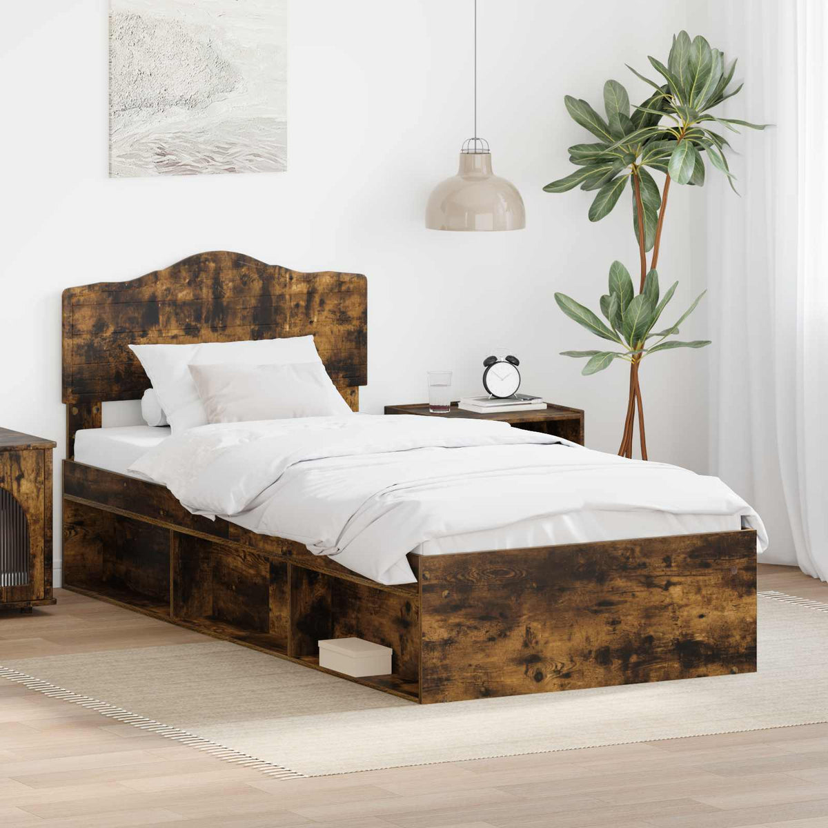 Bed Frame Headboard Solid Pine Wood Smoked oak