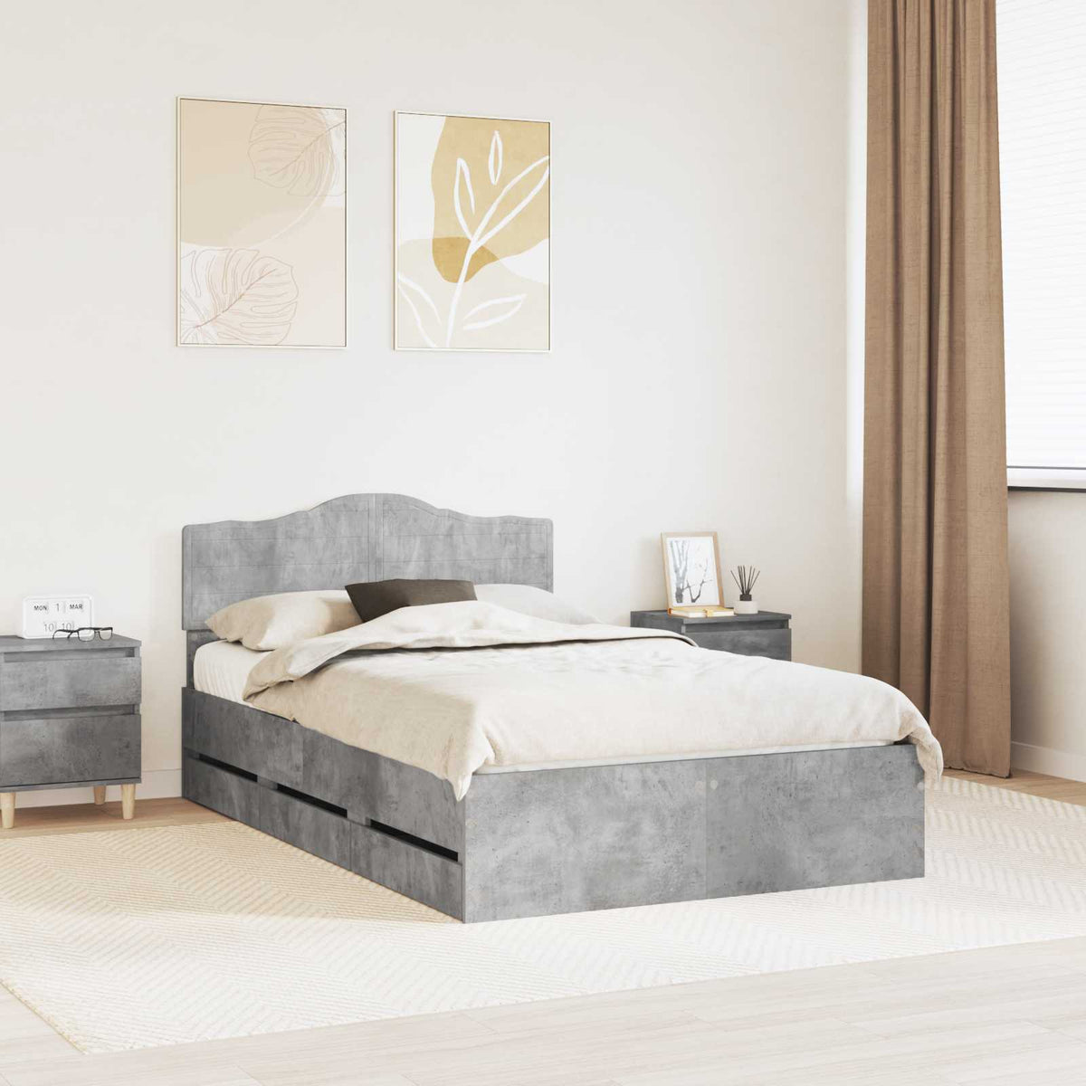 Bed Frame with Drawer 135 x 190 cm Engineer Wood Concrete grey