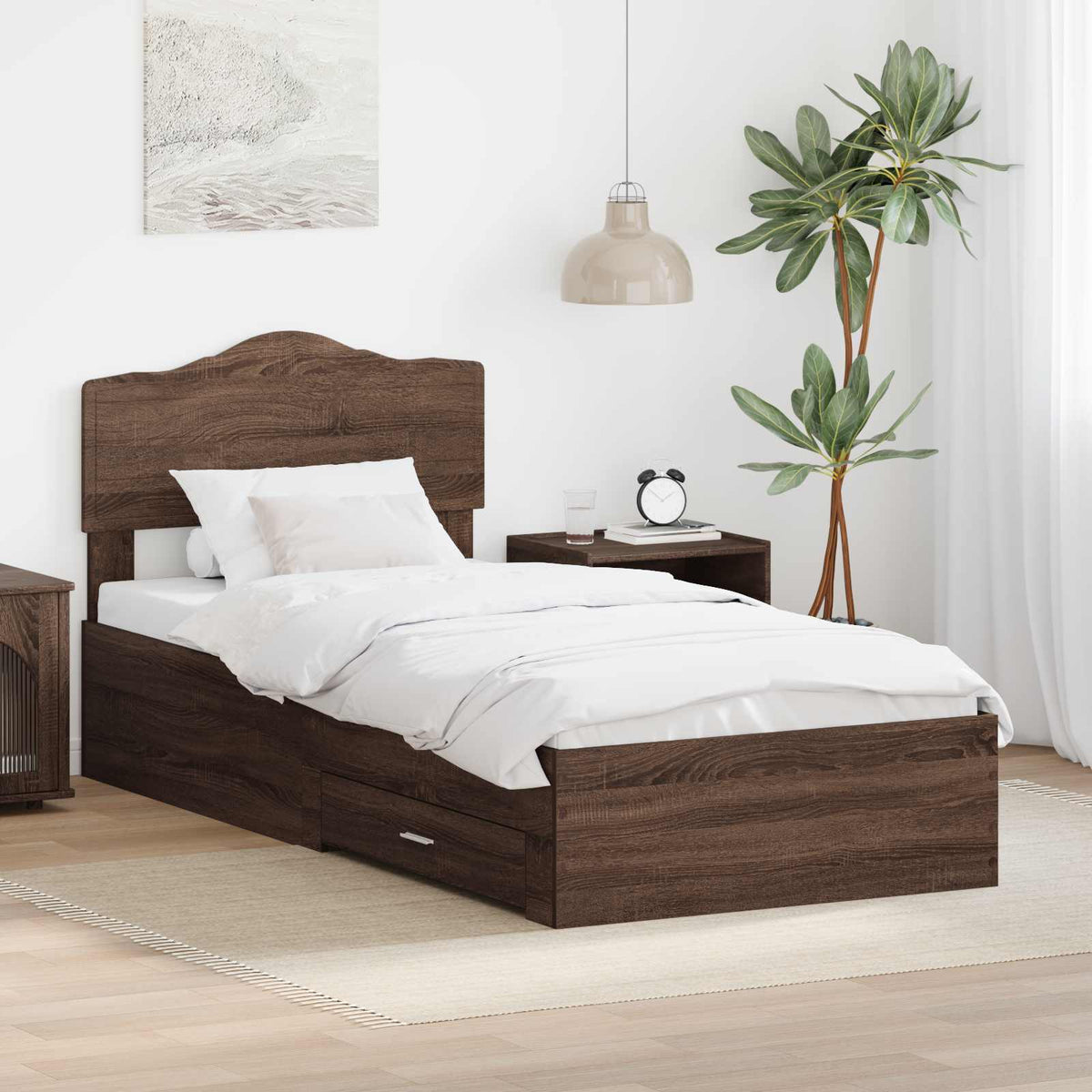 Bed Frame with Drawer 70 x 190 cm Engineered Wood Width 75 cm Brown oak