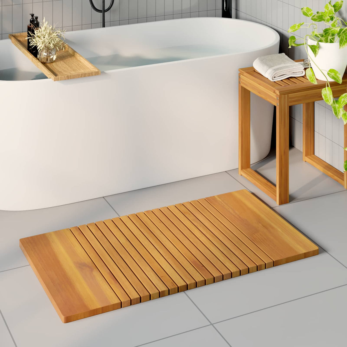 Bath Mat Natural Solid Acacia Wood 100 cm 55 cm