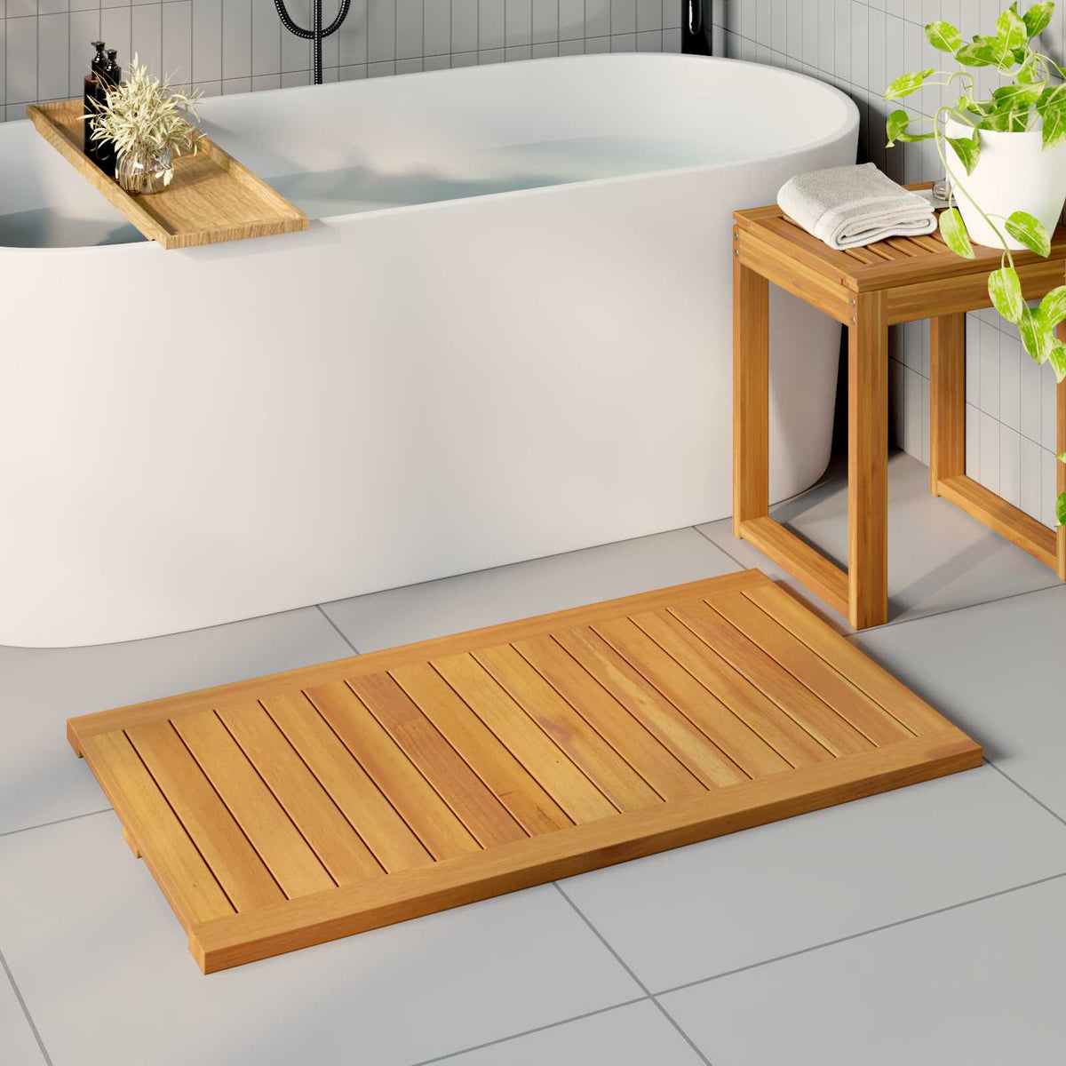 Bath Mat Natural Solid Acacia Wood 100 cm 55 cm