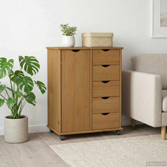 Rolling Cabinet 63.5 x 39 x 79 cm Solid Pine Wood Honey brown