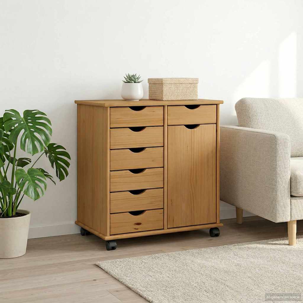 vidaXL Rolling Cabinet 63.5 x 39 x 65.5 cm Solid Pine Wood Honey Brown 3