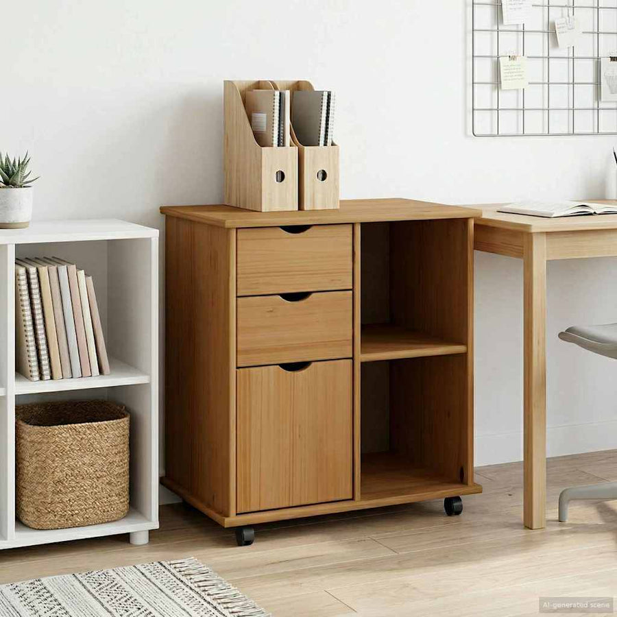 Rolling Cabinet Solid Pine Wood Honey Brown