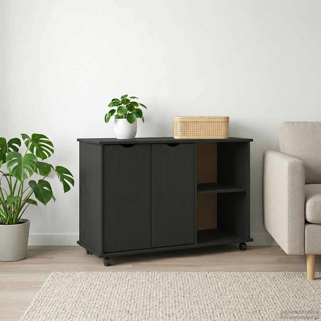 Rolling Cabinet Black Solid Pine Wood