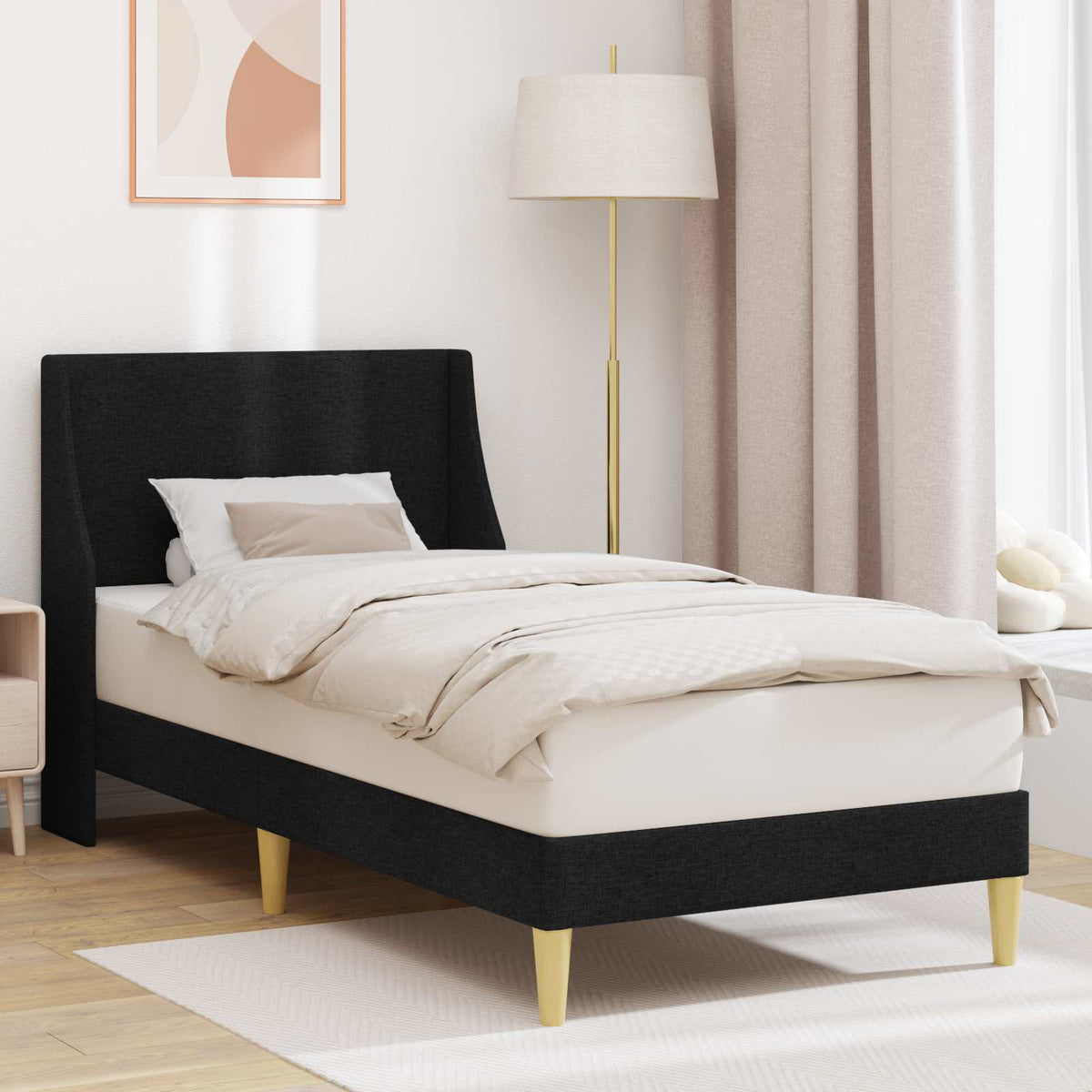 Bed Frame with Headboard 90 x 190 cm Fabric Black Single