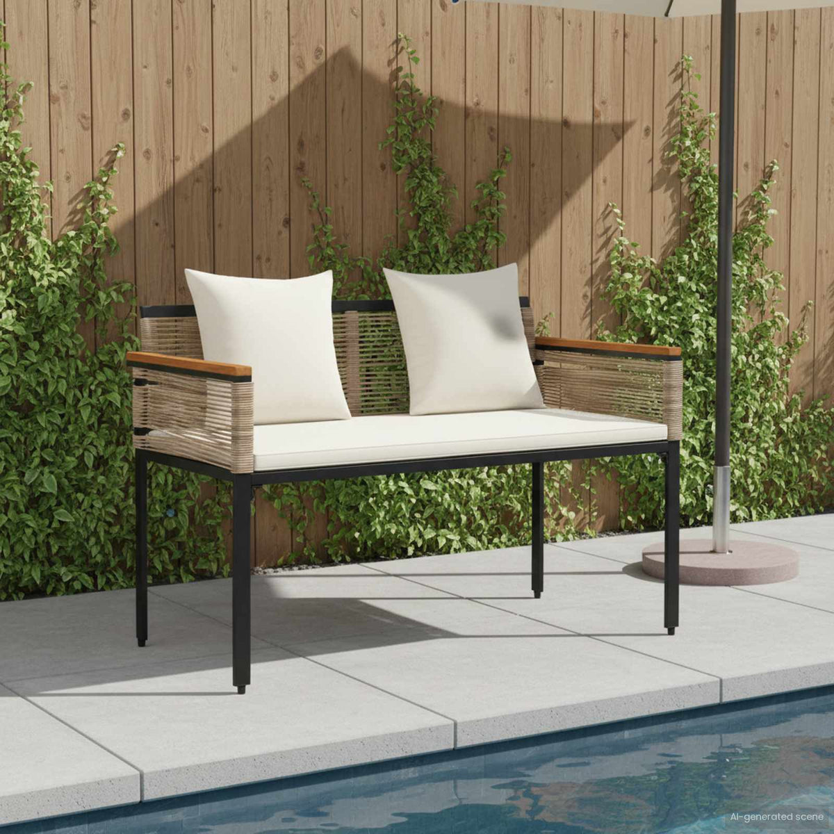 Outdoor Bench 2 -Seater 117 x 54 x 74.5 cm Poly Rattan Beige and cream white