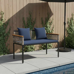 Outdoor Bench 2 -Seater 117 x 54 x 74.5 cm Poly Rattan Grey and navy blue