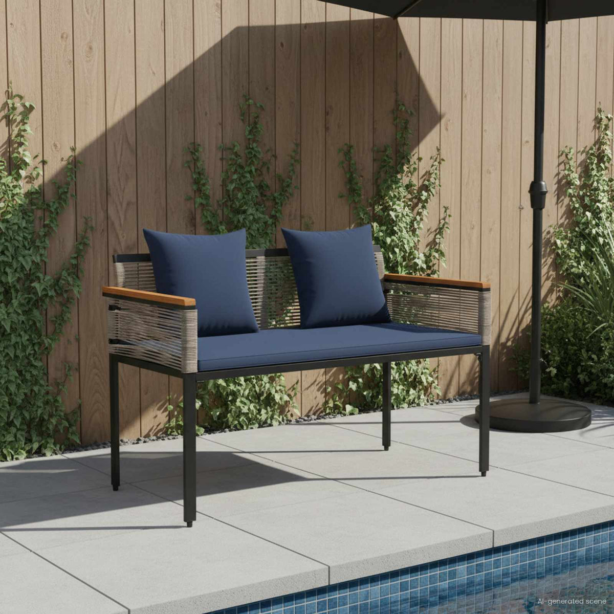 Outdoor Bench 2 -Seater 117 x 54 x 74.5 cm Poly Rattan Grey and navy blue