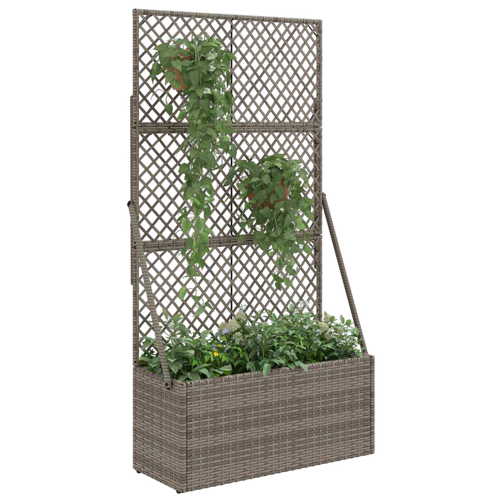 vidaXL Garden Planter with Trellis Grey 70 x 30 x 135 cm Poly Rattan 3