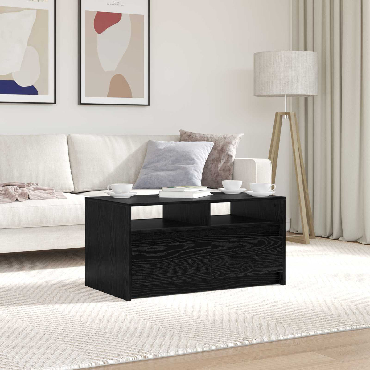 Coffee Table with LED Lights Engineered Wood Black oak