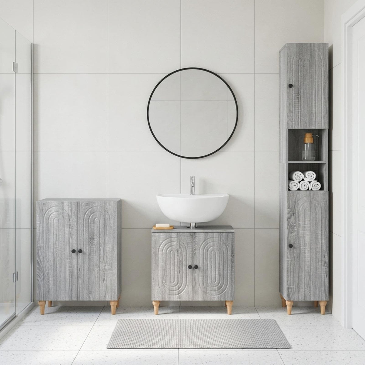 3 Piece Bathroom Cabinet Set ALKMAAR Grey Sonoma Round stripes