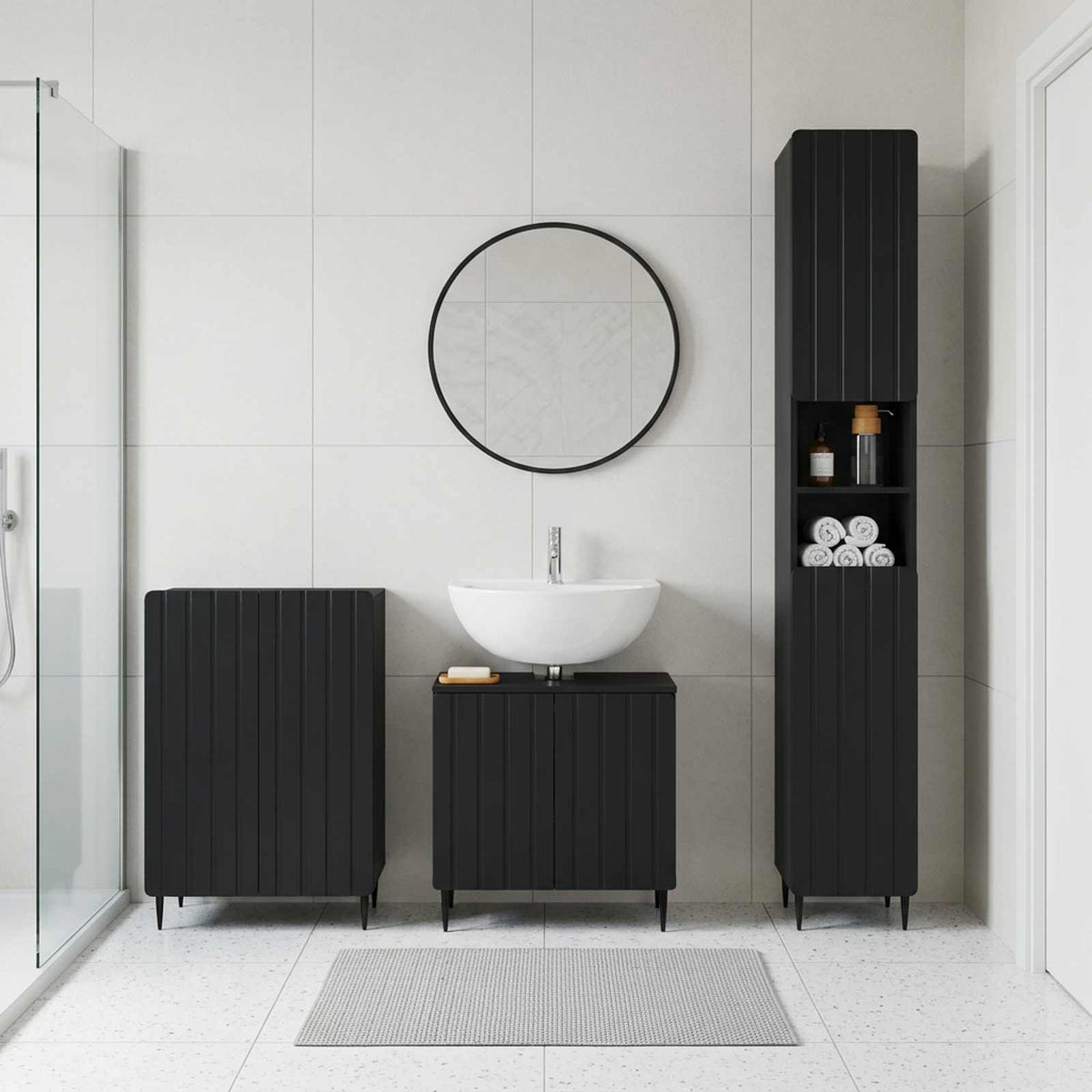 3 Piece Bathroom Cabinet Set EDE Engineered Wood Black Round edge stripes