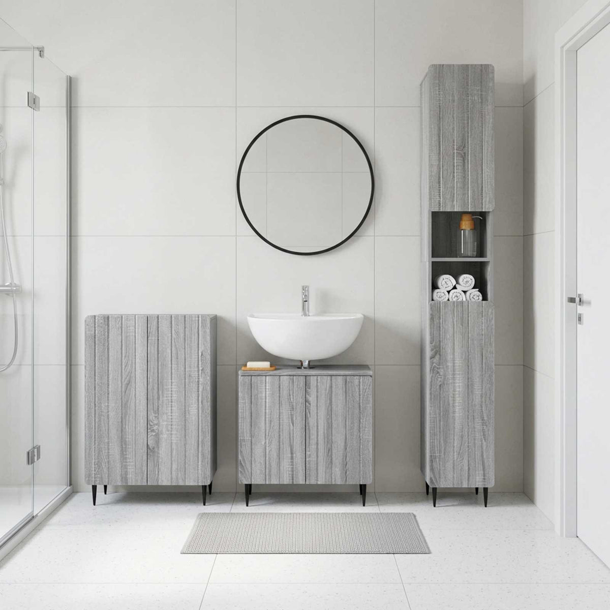3 Piece Bathroom Cabinet Set ALKMAAR Grey Sonoma Round edge stripes
