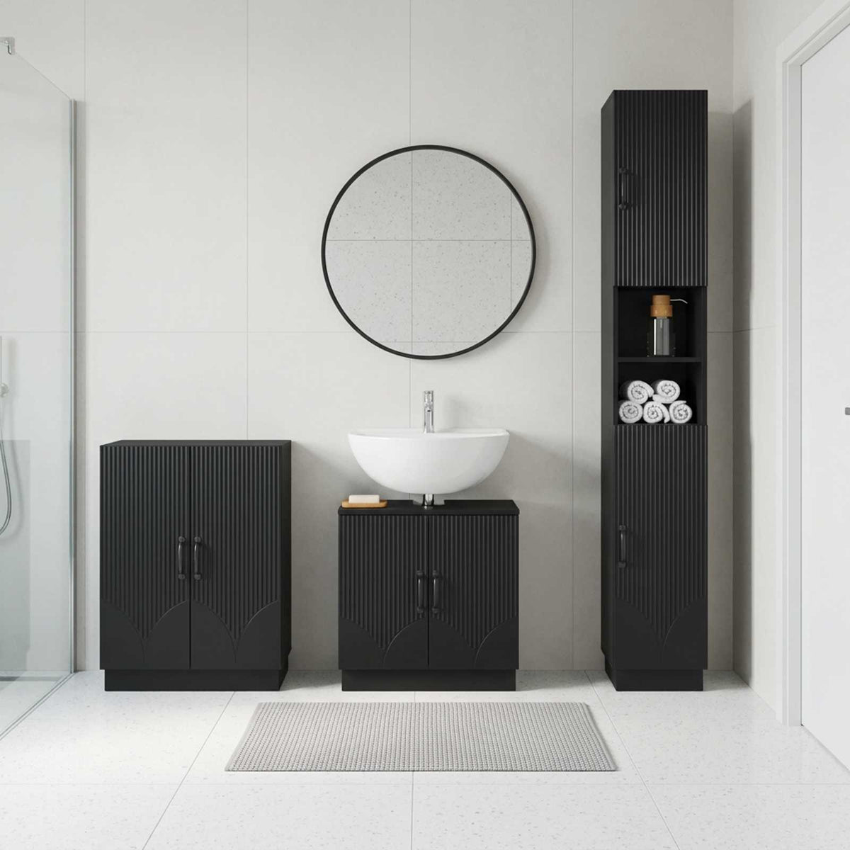 3 Piece Bathroom Cabinet Set EDE Engineered Wood Black V-shape stripes