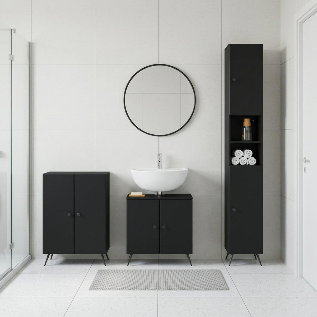 3 Piece Bathroom Cabinet Set EDE Engineered Wood Black Round edge