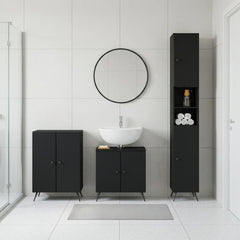 3 Piece Bathroom Cabinet Set EDE Engineered Wood Black Round edge